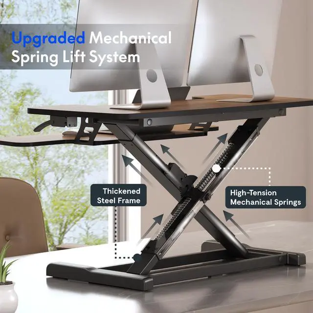 Alt view image 4 of 7 - 36" Standing Desk Converter, Dual Monitor Desk Riser, Sit Stand Computer Workstation with Ergonomic Height Adjustment, Large Stand Up Desk Riser for Home Office, Walnut