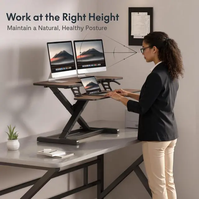 Alt view image 5 of 7 - 36" Standing Desk Converter, Dual Monitor Desk Riser, Sit Stand Computer Workstation with Ergonomic Height Adjustment, Large Stand Up Desk Riser for Home Office, Walnut