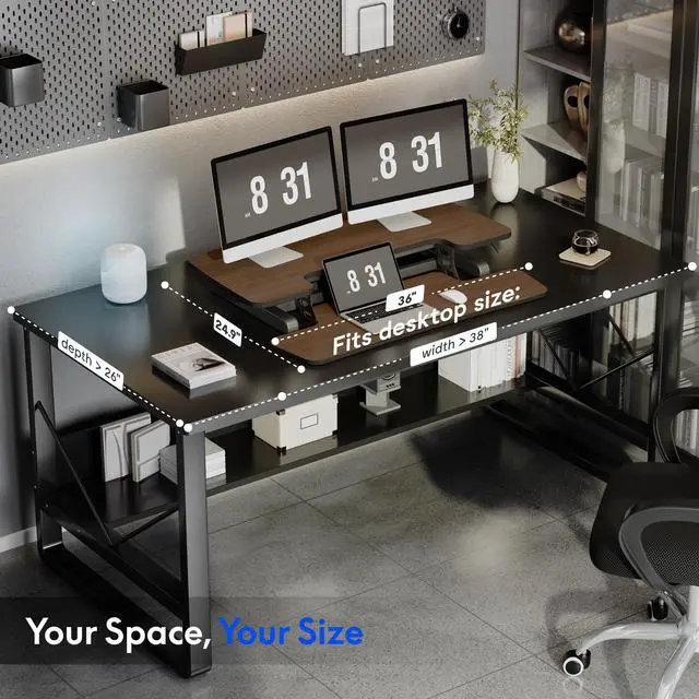 Alt view image 6 of 7 - 36" Standing Desk Converter, Dual Monitor Desk Riser, Sit Stand Computer Workstation with Ergonomic Height Adjustment, Large Stand Up Desk Riser for Home Office, Walnut