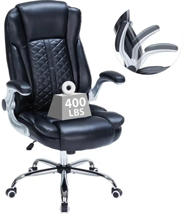 Main image of 400lbs Executive Office Chair with Flip-Up Armrests, Big and Tall Computer Chair for Heavy People, Heavy Duty Ergonomic Comfy Chair, Breathable PU Leather (Black)