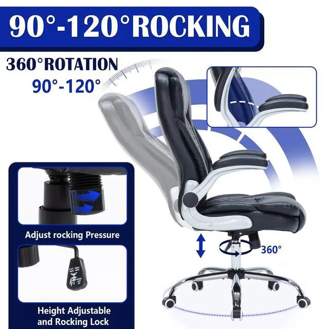 Alt view image 3 of 6 - 400lbs Executive Office Chair with Flip-Up Armrests, Big and Tall Computer Chair for Heavy People, Heavy Duty Ergonomic Comfy Chair, Breathable PU Leather (Black)