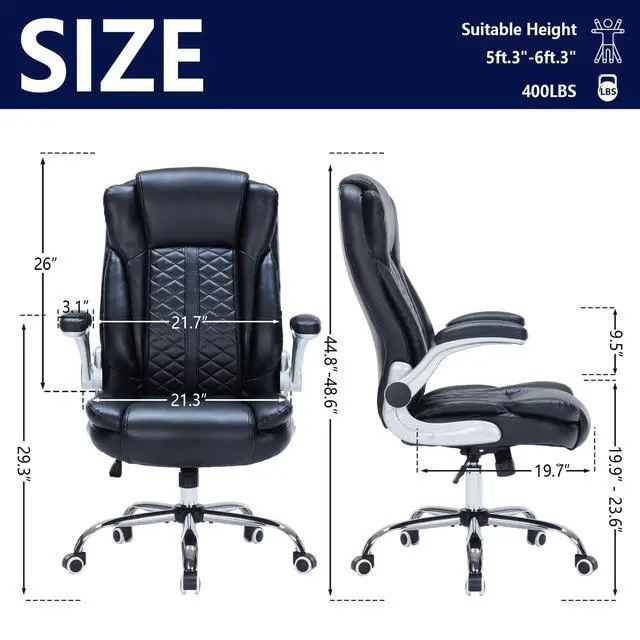 Alt view image 2 of 6 - 400lbs Executive Office Chair with Flip-Up Armrests, Big and Tall Computer Chair for Heavy People, Heavy Duty Ergonomic Comfy Chair, Breathable PU Leather (Black)