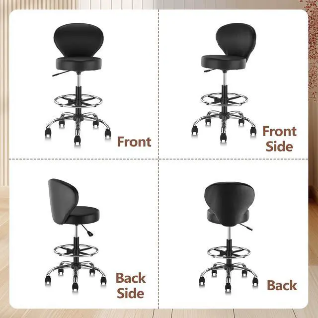 Alt view image 5 of 7 - Black PVC Faux Leather Drafting Chair Set of 2 Rolling Swivel Salon Stool with Back Support Foot Rest Adjustable Hydraulic Seat Height for Massage Facial Spa Medical Drafting Tattoo Beauty
