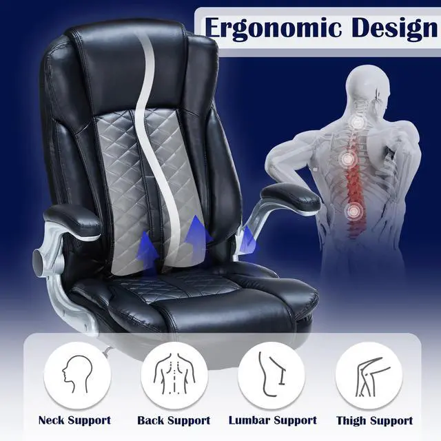Alt view image 4 of 6 - 400lbs Executive Office Chair with Flip-Up Armrests, Big and Tall Computer Chair for Heavy People, Heavy Duty Ergonomic Comfy Chair, Breathable PU Leather (Black)