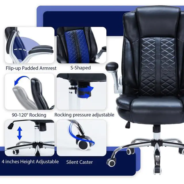 Alt view image 6 of 6 - 400lbs Executive Office Chair with Flip-Up Armrests, Big and Tall Computer Chair for Heavy People, Heavy Duty Ergonomic Comfy Chair, Breathable PU Leather (Black)