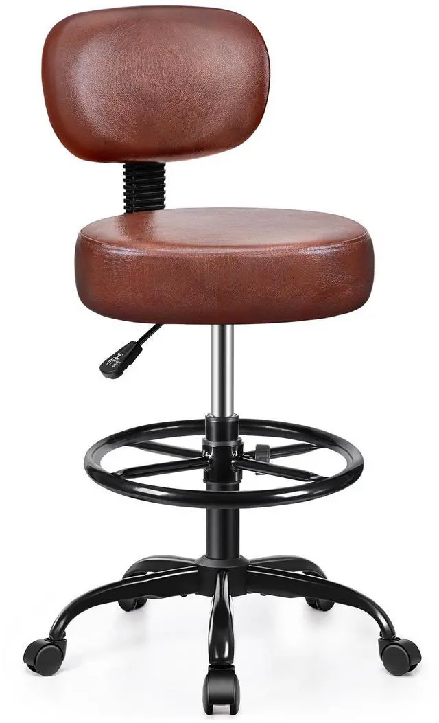 Main image of Drafting Chair with Backrest Adjustable Foot Rest Rolling Stool with Wheels, PU Leather Swivel Stool for Office Spa Studio Lab Counter Salon Home Work Bar Kitchen Shop(Ember Brown)