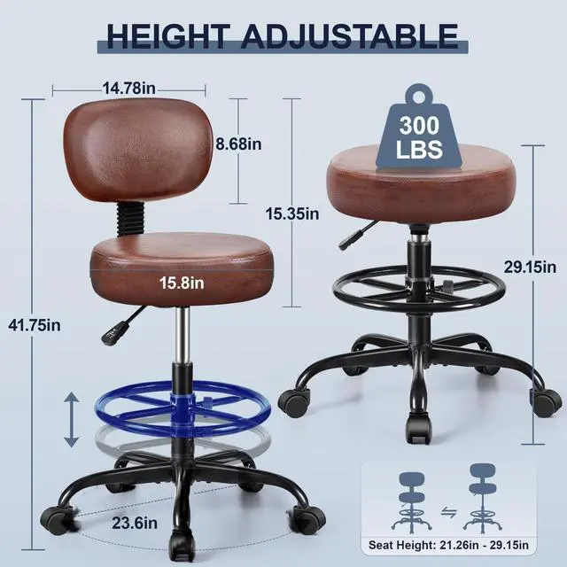 Alt view image 3 of 7 - Drafting Chair with Backrest Adjustable Foot Rest Rolling Stool with Wheels, PU Leather Swivel Stool for Office Spa Studio Lab Counter Salon Home Work Bar Kitchen Shop(Ember Brown)