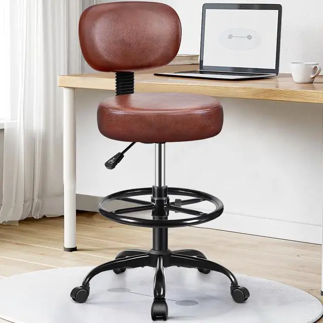 Alt view image 2 of 7 - Drafting Chair with Backrest Adjustable Foot Rest Rolling Stool with Wheels, PU Leather Swivel Stool for Office Spa Studio Lab Counter Salon Home Work Bar Kitchen Shop(Ember Brown)