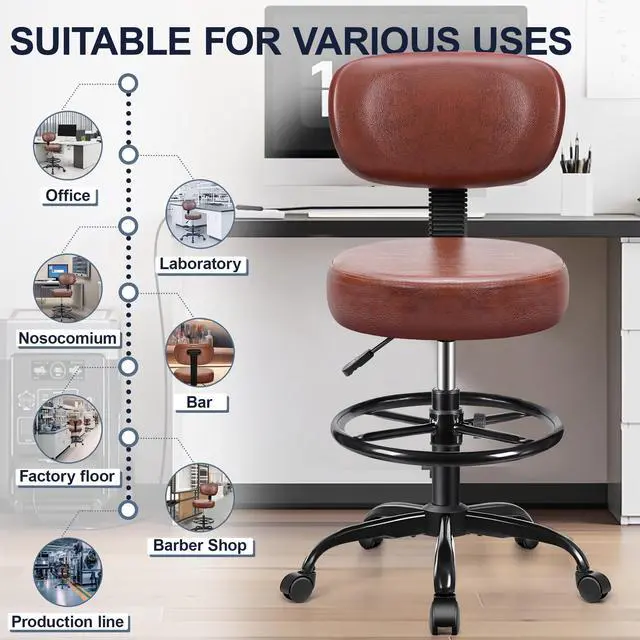 Alt view image 7 of 7 - Drafting Chair with Backrest Adjustable Foot Rest Rolling Stool with Wheels, PU Leather Swivel Stool for Office Spa Studio Lab Counter Salon Home Work Bar Kitchen Shop(Ember Brown)
