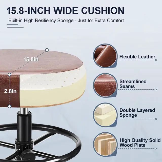 Alt view image 4 of 7 - Drafting Chair with Backrest Adjustable Foot Rest Rolling Stool with Wheels, PU Leather Swivel Stool for Office Spa Studio Lab Counter Salon Home Work Bar Kitchen Shop(Ember Brown)
