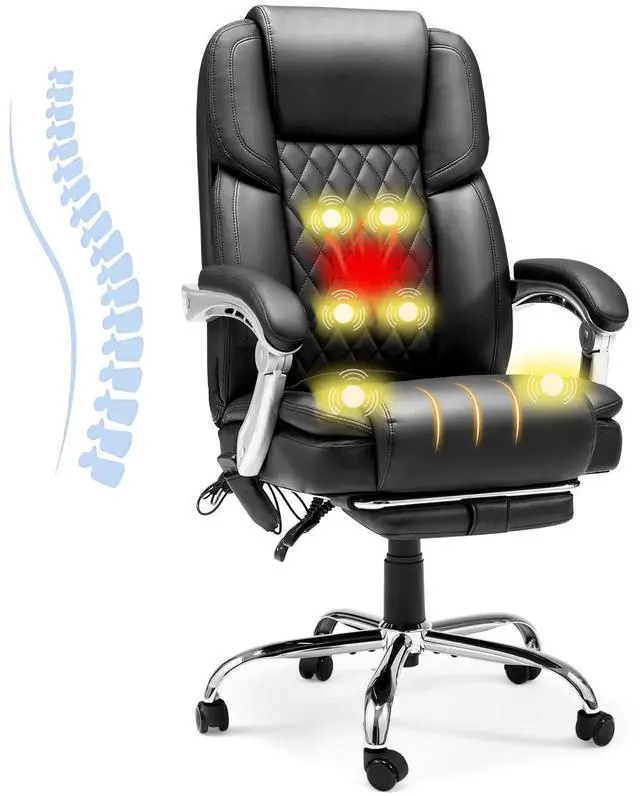 Main image of Heated Massage Executive Office Chair with Footrest, Black | 6-Point Vibration Massage, Lumbar Heat,8 Vibration Modes,135° Recline Premium PU Leather Computer Office Desk Chair