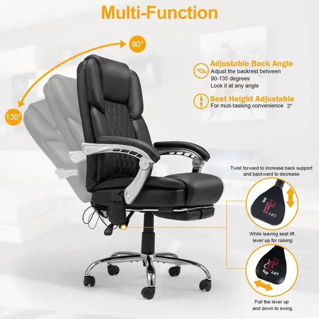 Alt view image 4 of 7 - Heated Massage Executive Office Chair with Footrest, Black | 6-Point Vibration Massage, Lumbar Heat,8 Vibration Modes,135° Recline Premium PU Leather Computer Office Desk Chair