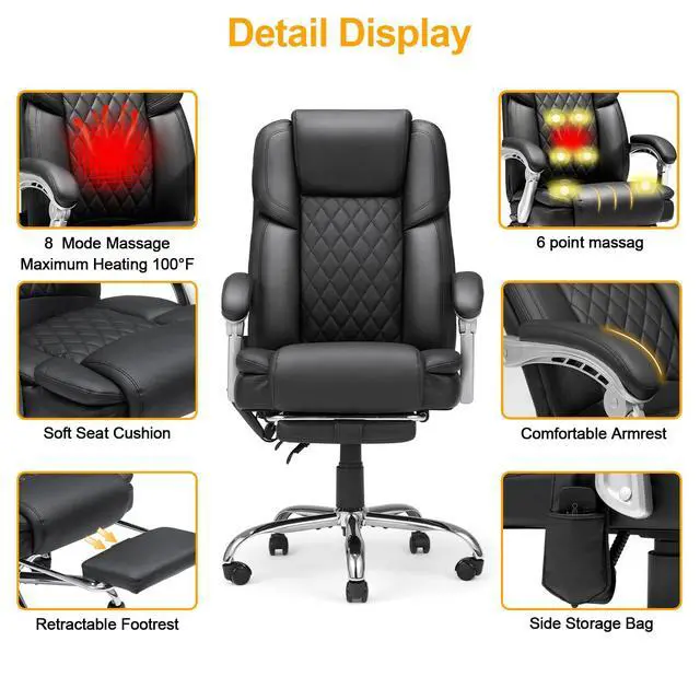 Alt view image 5 of 7 - Heated Massage Executive Office Chair with Footrest, Black | 6-Point Vibration Massage, Lumbar Heat,8 Vibration Modes,135° Recline Premium PU Leather Computer Office Desk Chair
