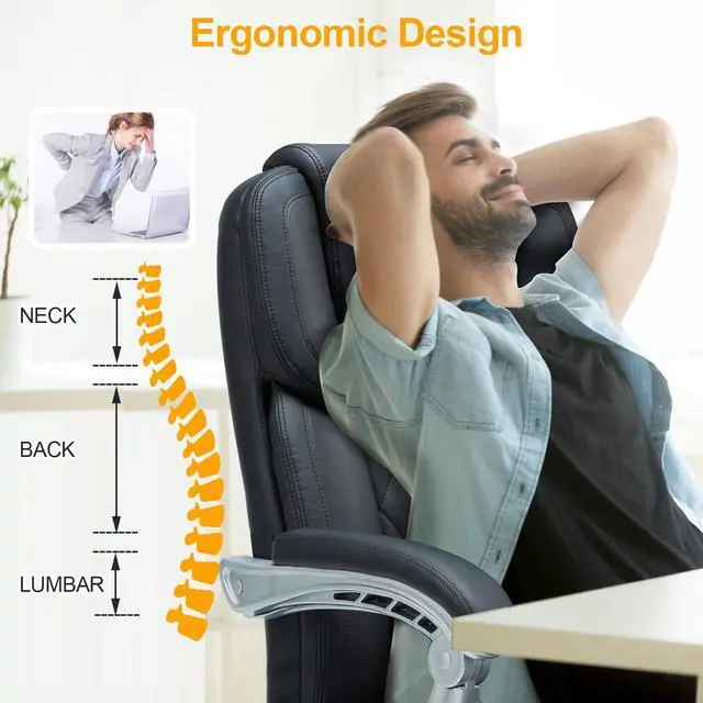 Alt view image 6 of 7 - Heated Massage Executive Office Chair with Footrest, Black | 6-Point Vibration Massage, Lumbar Heat,8 Vibration Modes,135° Recline Premium PU Leather Computer Office Desk Chair