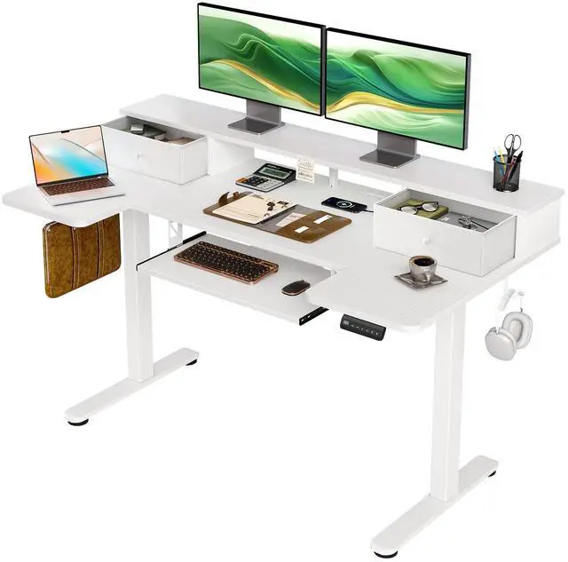 Main image of 55 Inch U Shape Standing Desk with Keyboard Tray & Drawers, White | Power Outlet, Dual-Monitor Stand, LED Light, 3 Presets, 28.3"-46.5"in Range, 154 lb Capacity