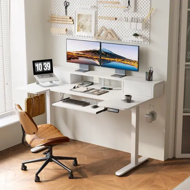Alt view image 2 of 7 - 55 Inch U Shape Standing Desk with Keyboard Tray & Drawers, White | Power Outlet, Dual-Monitor Stand, LED Light, 3 Presets, 28.3"-46.5"in Range, 154 lb Capacity