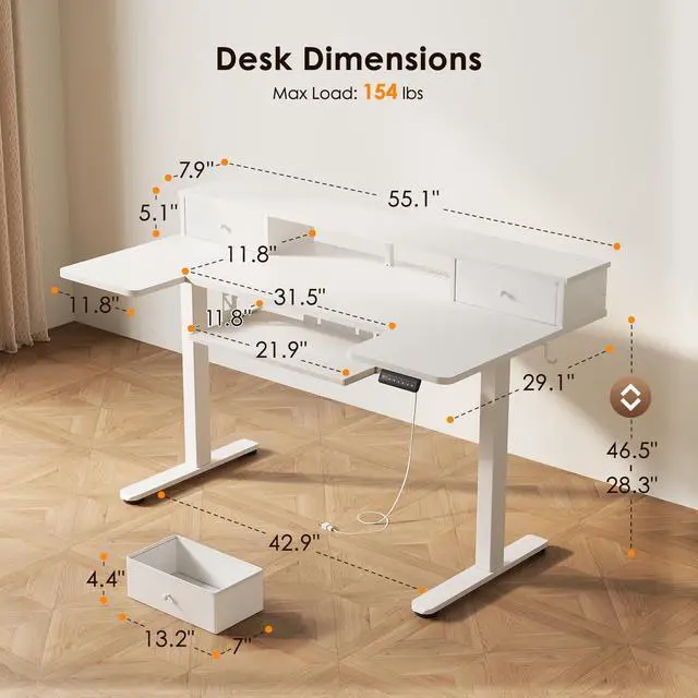 Alt view image 3 of 7 - 55 Inch U Shape Standing Desk with Keyboard Tray & Drawers, White | Power Outlet, Dual-Monitor Stand, LED Light, 3 Presets, 28.3"-46.5"in Range, 154 lb Capacity