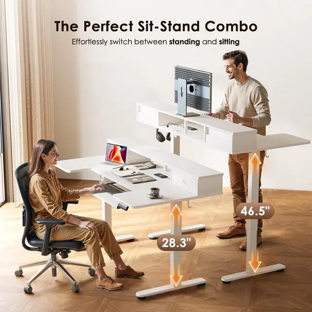 Alt view image 5 of 7 - 55 Inch U Shape Standing Desk with Keyboard Tray & Drawers, White | Power Outlet, Dual-Monitor Stand, LED Light, 3 Presets, 28.3"-46.5"in Range, 154 lb Capacity