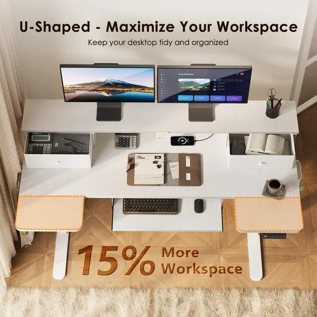 Alt view image 6 of 7 - 55 Inch U Shape Standing Desk with Keyboard Tray & Drawers, White | Power Outlet, Dual-Monitor Stand, LED Light, 3 Presets, 28.3"-46.5"in Range, 154 lb Capacity