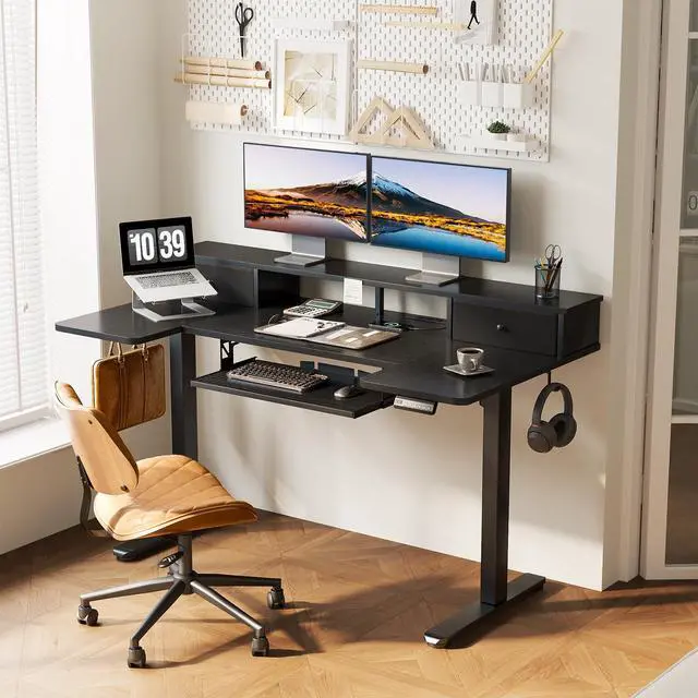 Alt view image 2 of 7 - 55 Inch U Shape Standing Desk with Keyboard Tray & Drawers, Black | Power Outlet, Dual-Monitor Stand, LED Light, 3 Presets, 28.3"-46.5"in Range, 154 lb Capacity