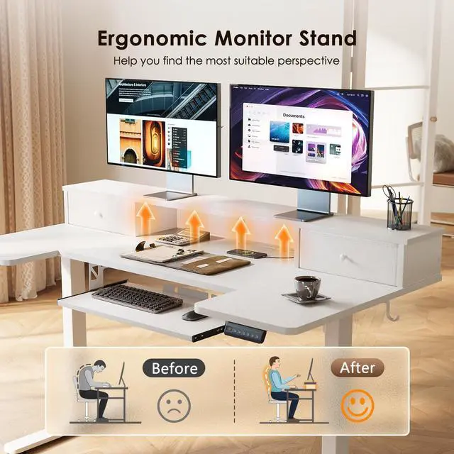 Alt view image 7 of 7 - 55 Inch U Shape Standing Desk with Keyboard Tray & Drawers, White | Power Outlet, Dual-Monitor Stand, LED Light, 3 Presets, 28.3"-46.5"in Range, 154 lb Capacity