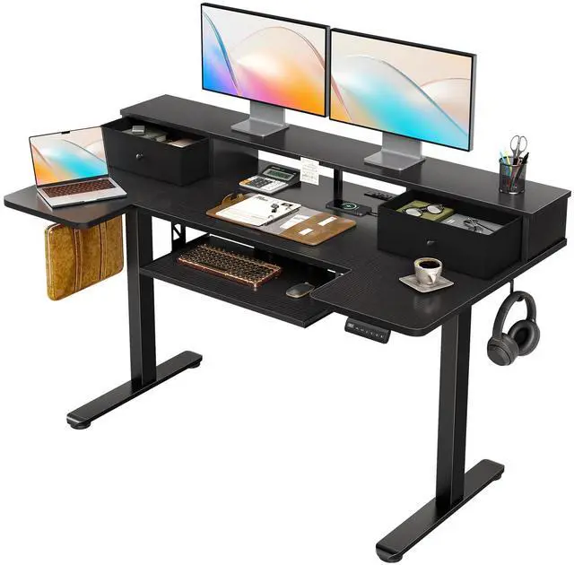 Main image of 55 Inch U Shape Standing Desk with Keyboard Tray & Drawers, Black | Power Outlet, Dual-Monitor Stand, LED Light, 3 Presets, 28.3"-46.5"in Range, 154 lb Capacity