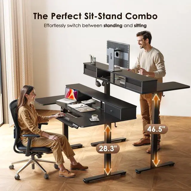 Alt view image 5 of 7 - 55 Inch U Shape Standing Desk with Keyboard Tray & Drawers, Black | Power Outlet, Dual-Monitor Stand, LED Light, 3 Presets, 28.3"-46.5"in Range, 154 lb Capacity