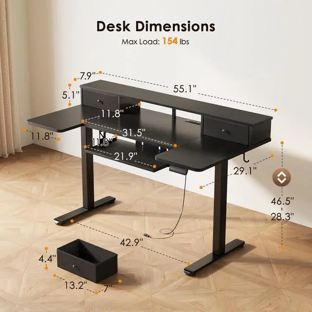 Alt view image 3 of 7 - 55 Inch U Shape Standing Desk with Keyboard Tray & Drawers, Black | Power Outlet, Dual-Monitor Stand, LED Light, 3 Presets, 28.3"-46.5"in Range, 154 lb Capacity