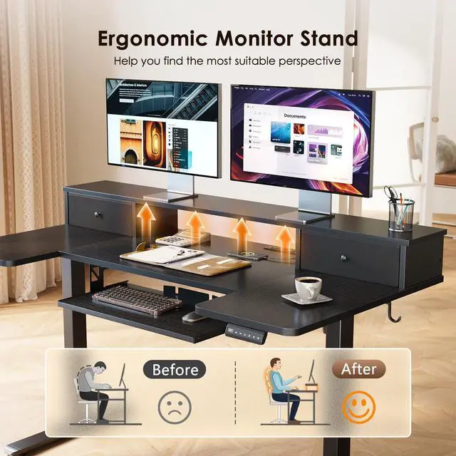 Alt view image 7 of 7 - 55 Inch U Shape Standing Desk with Keyboard Tray & Drawers, Black | Power Outlet, Dual-Monitor Stand, LED Light, 3 Presets, 28.3"-46.5"in Range, 154 lb Capacity