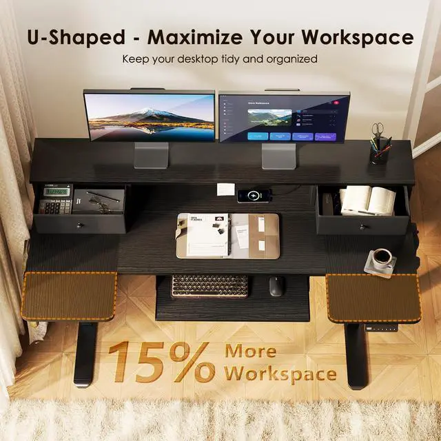 Alt view image 6 of 7 - 55 Inch U Shape Standing Desk with Keyboard Tray & Drawers, Black | Power Outlet, Dual-Monitor Stand, LED Light, 3 Presets, 28.3"-46.5"in Range, 154 lb Capacity