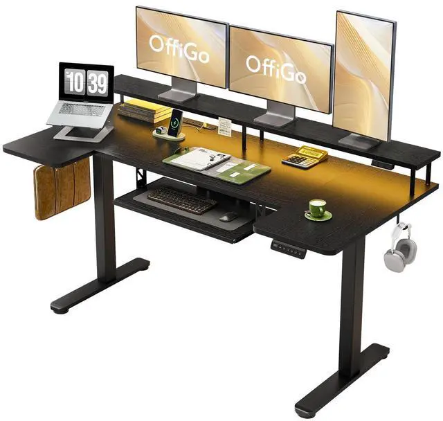Main image of 63 Inch U Shaped Electric Standing Desk with Keyboard Tray, Black | Power Outlet, Monitor Stand, LED Light, 3 Presets, 28.3"-46.5"in Range, 154 lb Capacity
