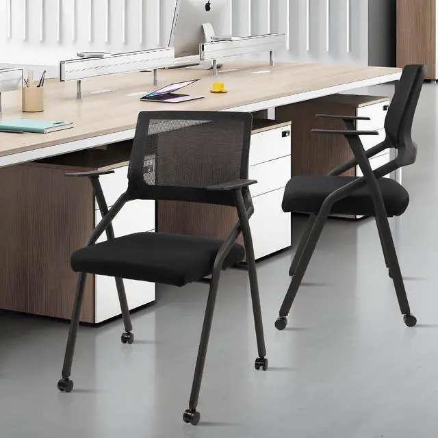 Alt view image 7 of 7 - Stackable Foldable Conference Room Chairs with Wheels, Portable Padded Office Desk Chair with Lumbar Support and Armrest for Training Room, Guest, Reception, Event, Black (1pk)