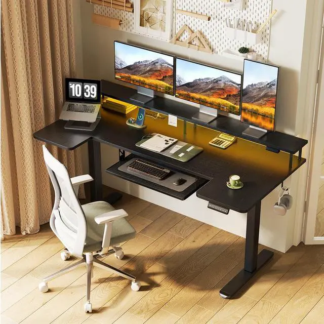 Alt view image 2 of 7 - 63 Inch U Shaped Electric Standing Desk with Keyboard Tray, Black | Power Outlet, Monitor Stand, LED Light, 3 Presets, 28.3"-46.5"in Range, 154 lb Capacity