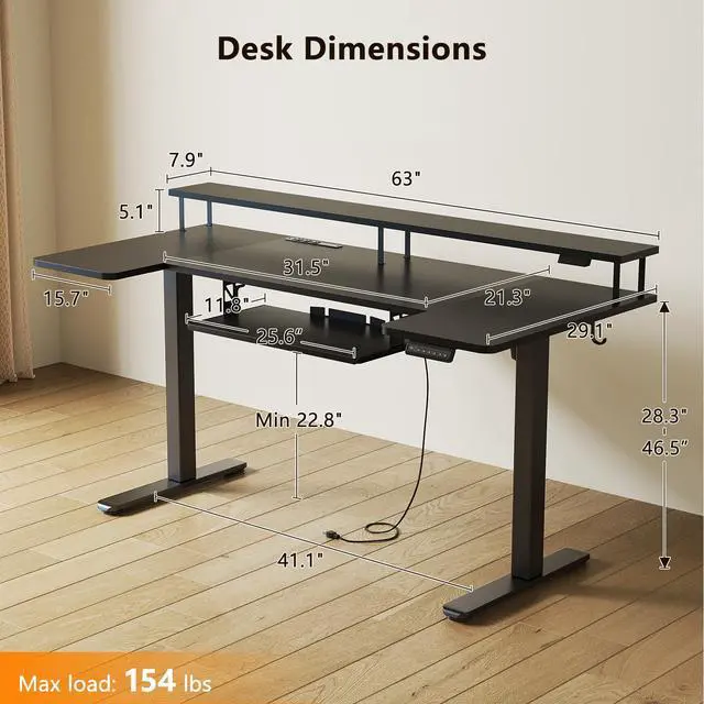 Alt view image 3 of 7 - 63 Inch U Shaped Electric Standing Desk with Keyboard Tray, Black | Power Outlet, Monitor Stand, LED Light, 3 Presets, 28.3"-46.5"in Range, 154 lb Capacity