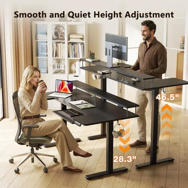 Alt view image 4 of 7 - 63 Inch U Shaped Electric Standing Desk with Keyboard Tray, Black | Power Outlet, Monitor Stand, LED Light, 3 Presets, 28.3"-46.5"in Range, 154 lb Capacity