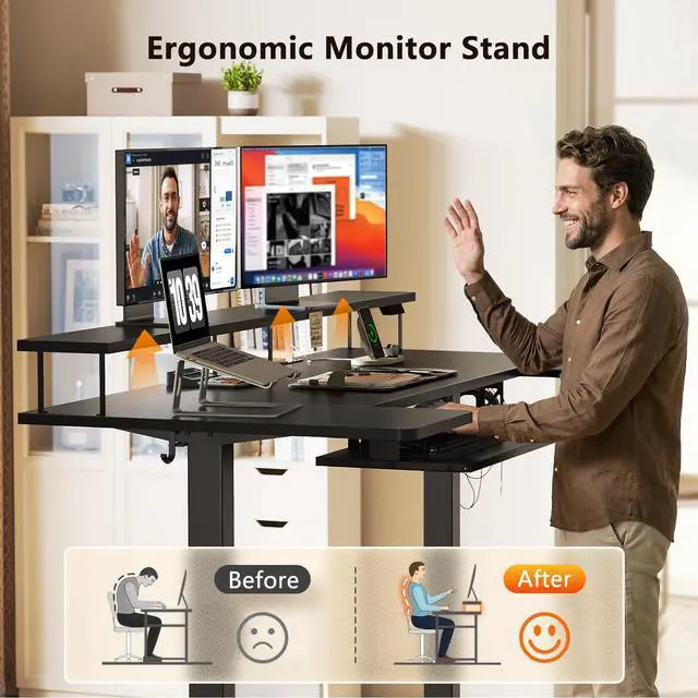 Alt view image 6 of 7 - 63 Inch U Shaped Electric Standing Desk with Keyboard Tray, Black | Power Outlet, Monitor Stand, LED Light, 3 Presets, 28.3"-46.5"in Range, 154 lb Capacity
