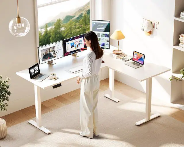 Alt view image 2 of 7 - 63 Inch L Shaped Electric Standing Desk, Home Office, White | Reversible Corner Desk with Height Adjustment, Ergonomic Sit Stand Table for Home Office, Computer Workstation