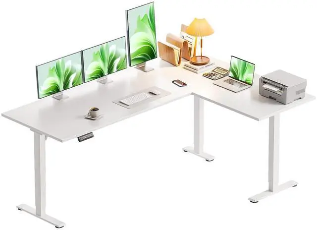 Main image of 63 Inch L Shaped Electric Standing Desk, Home Office, White | Reversible Corner Desk with Height Adjustment, Ergonomic Sit Stand Table for Home Office, Computer Workstation