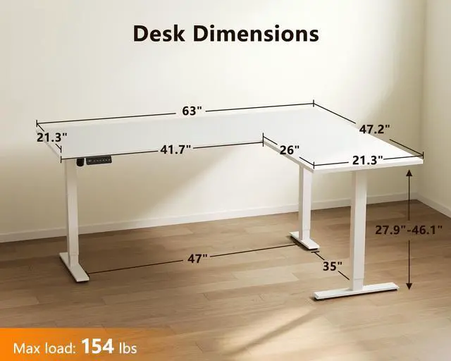 Alt view image 3 of 7 - 63 Inch L Shaped Electric Standing Desk, Home Office, White | Reversible Corner Desk with Height Adjustment, Ergonomic Sit Stand Table for Home Office, Computer Workstation