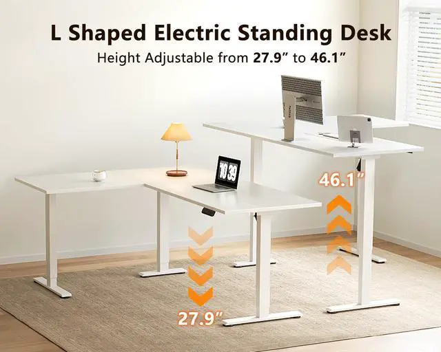 Alt view image 4 of 7 - 63 Inch L Shaped Electric Standing Desk, Home Office, White | Reversible Corner Desk with Height Adjustment, Ergonomic Sit Stand Table for Home Office, Computer Workstation