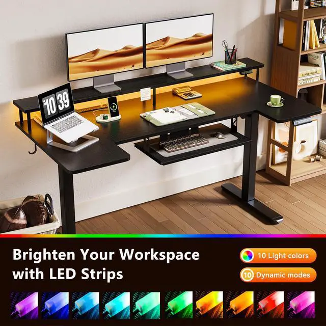 Alt view image 7 of 7 - 63 Inch U Shaped Electric Standing Desk with Keyboard Tray, Black | Power Outlet, Monitor Stand, LED Light, 3 Presets, 28.3"-46.5"in Range, 154 lb Capacity