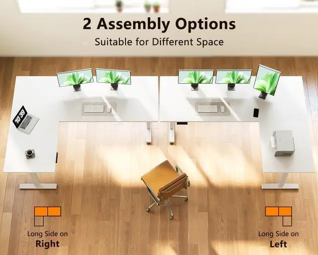 Alt view image 5 of 7 - 63 Inch L Shaped Electric Standing Desk, Home Office, White | Reversible Corner Desk with Height Adjustment, Ergonomic Sit Stand Table for Home Office, Computer Workstation