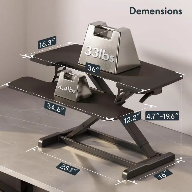 Alt view image 3 of 7 - Standing Desk Converter 36" Desk Riser, Height Adjustable Desktop Riser Sit Stand Computer Workstation, Spacious Stand Up Desk Converter for Laptop Keyboard and Monitor Setup, Black