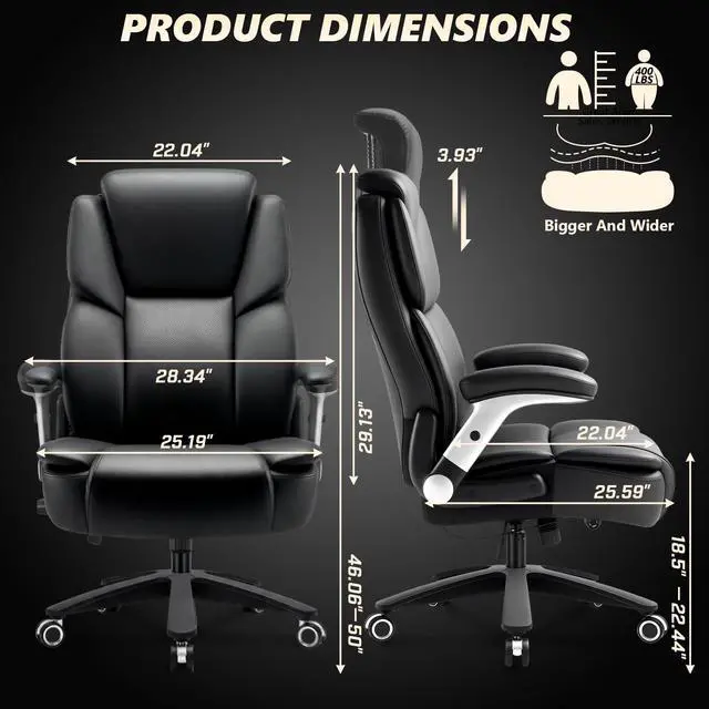 Alt view image 3 of 7 - 500LBS Big and Tall Office Chair,Heavy Duty Office Chair for Heavy People | High Back Executive Computer Desk Chair with Adjustable Lumbar Support&Headrest,3D Flip Arm,Class 4 Gas Lift