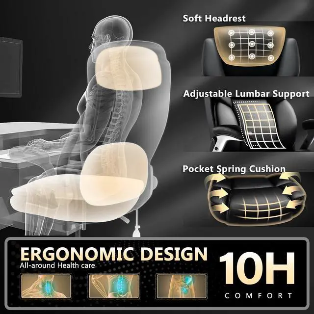 Alt view image 6 of 7 - 500LBS Big and Tall Office Chair,Heavy Duty Office Chair for Heavy People | High Back Executive Computer Desk Chair with Adjustable Lumbar Support&Headrest,3D Flip Arm,Class 4 Gas Lift