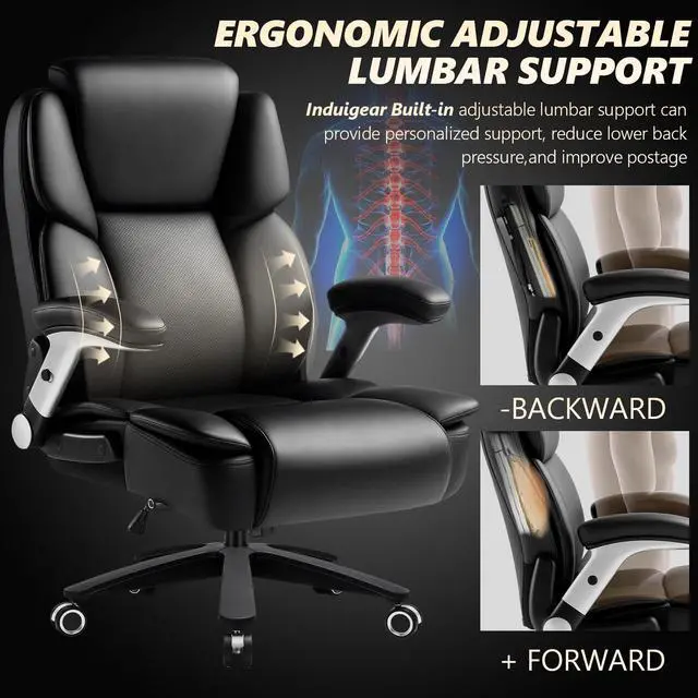 Alt view image 5 of 7 - 500LBS Big and Tall Office Chair,Heavy Duty Office Chair for Heavy People | High Back Executive Computer Desk Chair with Adjustable Lumbar Support&Headrest,3D Flip Arm,Class 4 Gas Lift