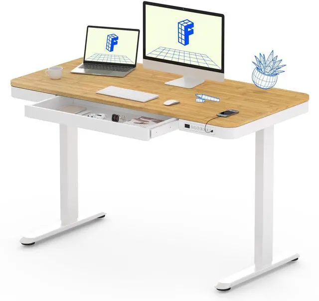 Main image of Comhar 48" Electric Standing Desk with Drawers, USB Charging Ports, Quick Assembly, Height Adjustable Sit Stand Desk with Child Lock for Natural Home Office, Bamboo Finish Top/White Legs