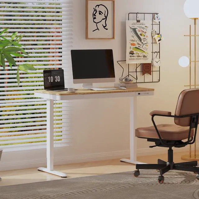 Alt view image 2 of 7 - Comhar 48" Electric Standing Desk with Drawers, USB Charging Ports, Quick Assembly, Height Adjustable Sit Stand Desk with Child Lock for Natural Home Office, Bamboo Finish Top/White Legs