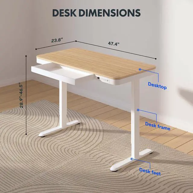 Alt view image 3 of 7 - Comhar 48" Electric Standing Desk with Drawers, USB Charging Ports, Quick Assembly, Height Adjustable Sit Stand Desk with Child Lock for Natural Home Office, Bamboo Finish Top/White Legs