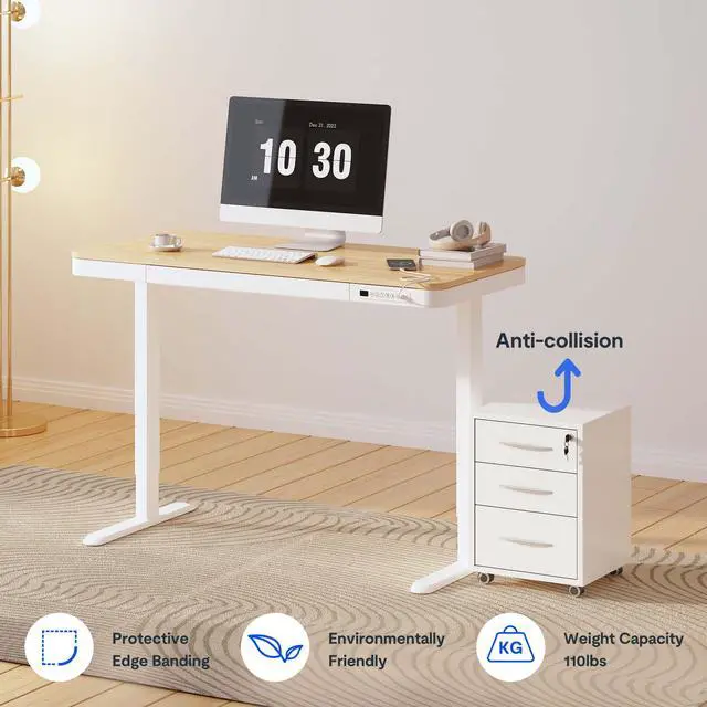 Alt view image 4 of 7 - Comhar 48" Electric Standing Desk with Drawers, USB Charging Ports, Quick Assembly, Height Adjustable Sit Stand Desk with Child Lock for Natural Home Office, Bamboo Finish Top/White Legs